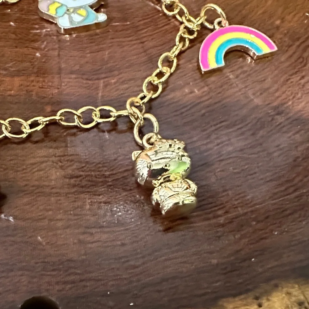 Hello Kitty Gold Bracelet with Pink and Rainbow Charms Heart Tiffany Clasp